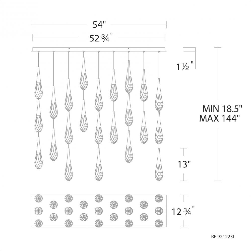 Hibiscus 23 Light 120-277V Multi-Light Pendant (Linear Canopy) in Black with Clear Optic Crystal