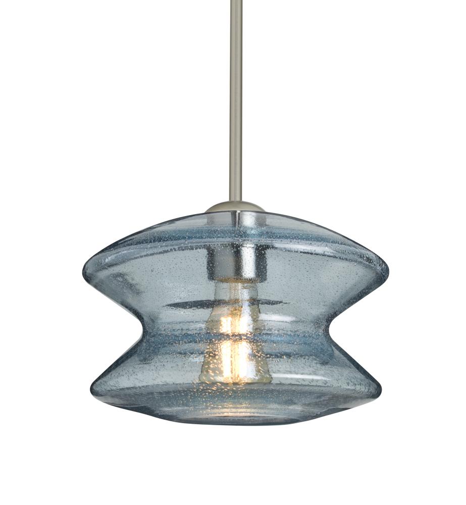 Besa, Zen Stem Pendant , Blue Bubble, Satin Nickel Finish, 1x8W LED Filament