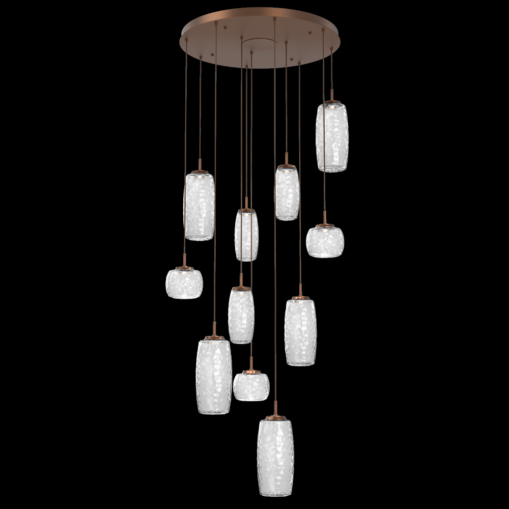Vessel 11pc Round Multi-Pendant-Burnished Bronze-Clear Blown Glass-Cloth Braided Cord-LED 3000K