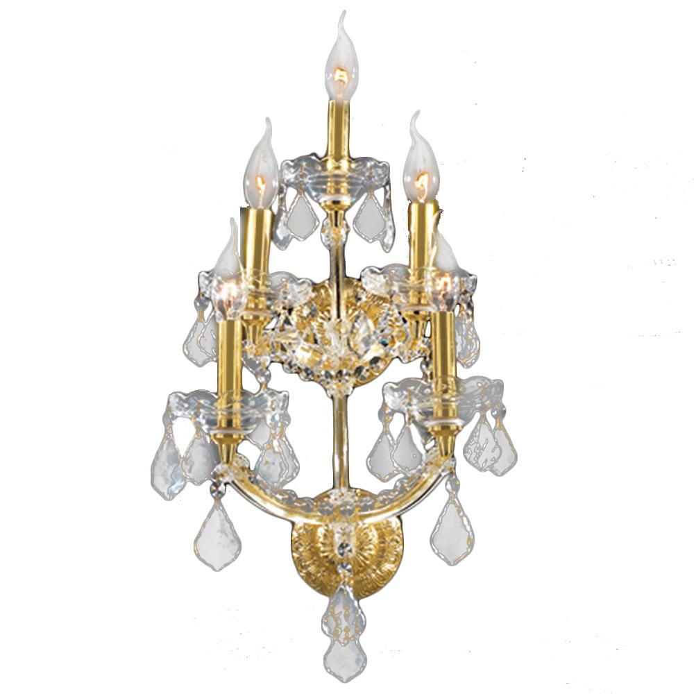 Maria Theresa 5-Light Gold Finish and Clear Crystal Candle Wall Sconce Light 12 in. W x 29.5 in. H M