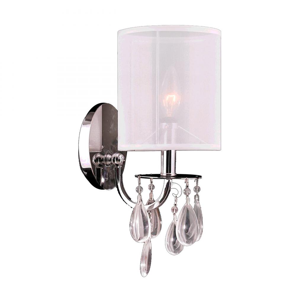 Gatsby 1-Light Chrome Finish Crystal Wall Sconce Light with White Organza Shade 6 in. W x 13 in. H S