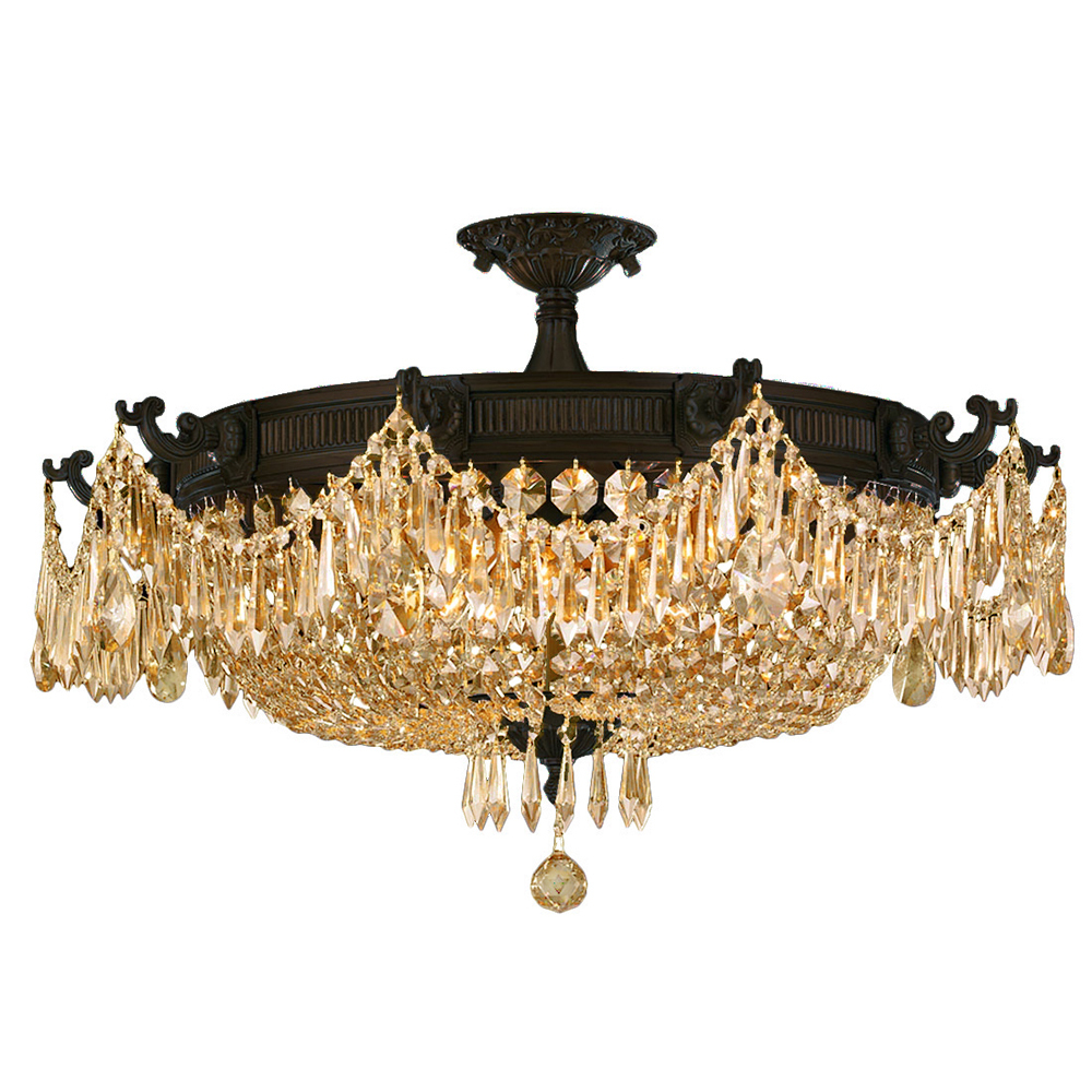 Winchester 10-Light dark Bronze Finish and Golden Teak Crystal Semi Flush Mount Ceiling Light 30 in.