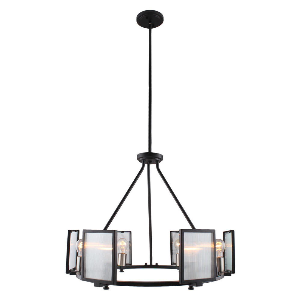 6x60W Chandelier w Black & Brushed Nickel Finish w/ Reeded Glass