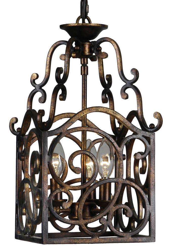 Three Light Torched Copper Open Frame Foyer Hall Fixture