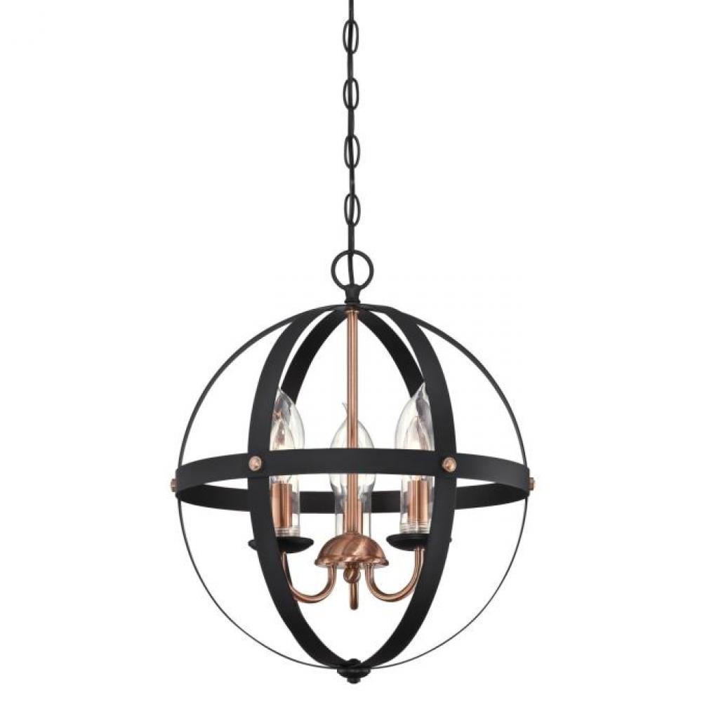 3 Light Chandelier Matte Black Finish with Washed Copper Accents Clear Glass Candle Covers