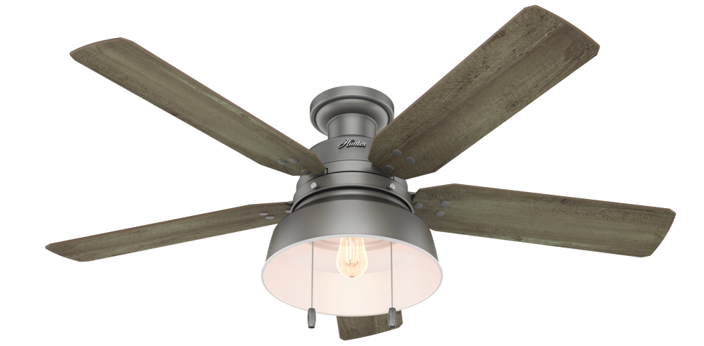 Hunter 52 in Mill Valley Matte Silver Low Profile Damp Rated Ceiling Fan w/ LED LT Kit & Pull Chain