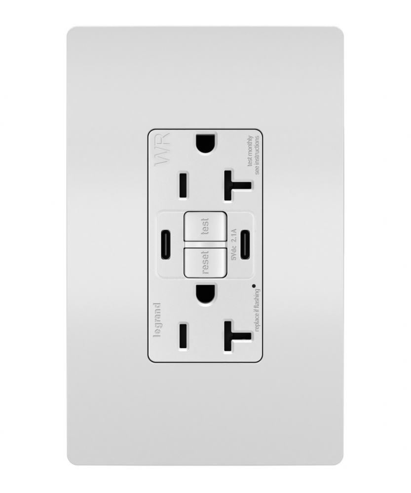 radiant® Tamper-Resistant Weather-Resistant Duplex Self-Test GFCI with USB Type C/C Outlet, White