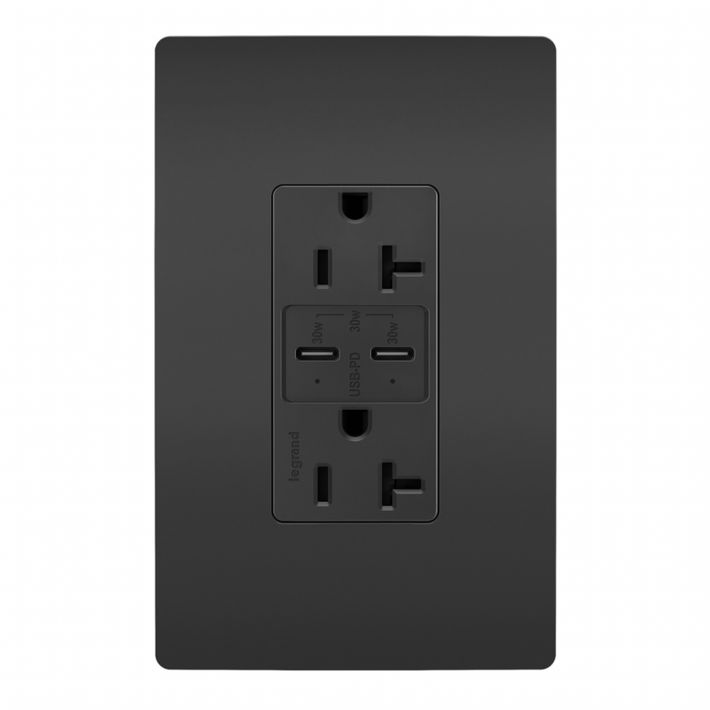 radiant® 20A Tamper Resistant Ultra Fast PLUS Power Delivery USB Type C/C Outlet, Black