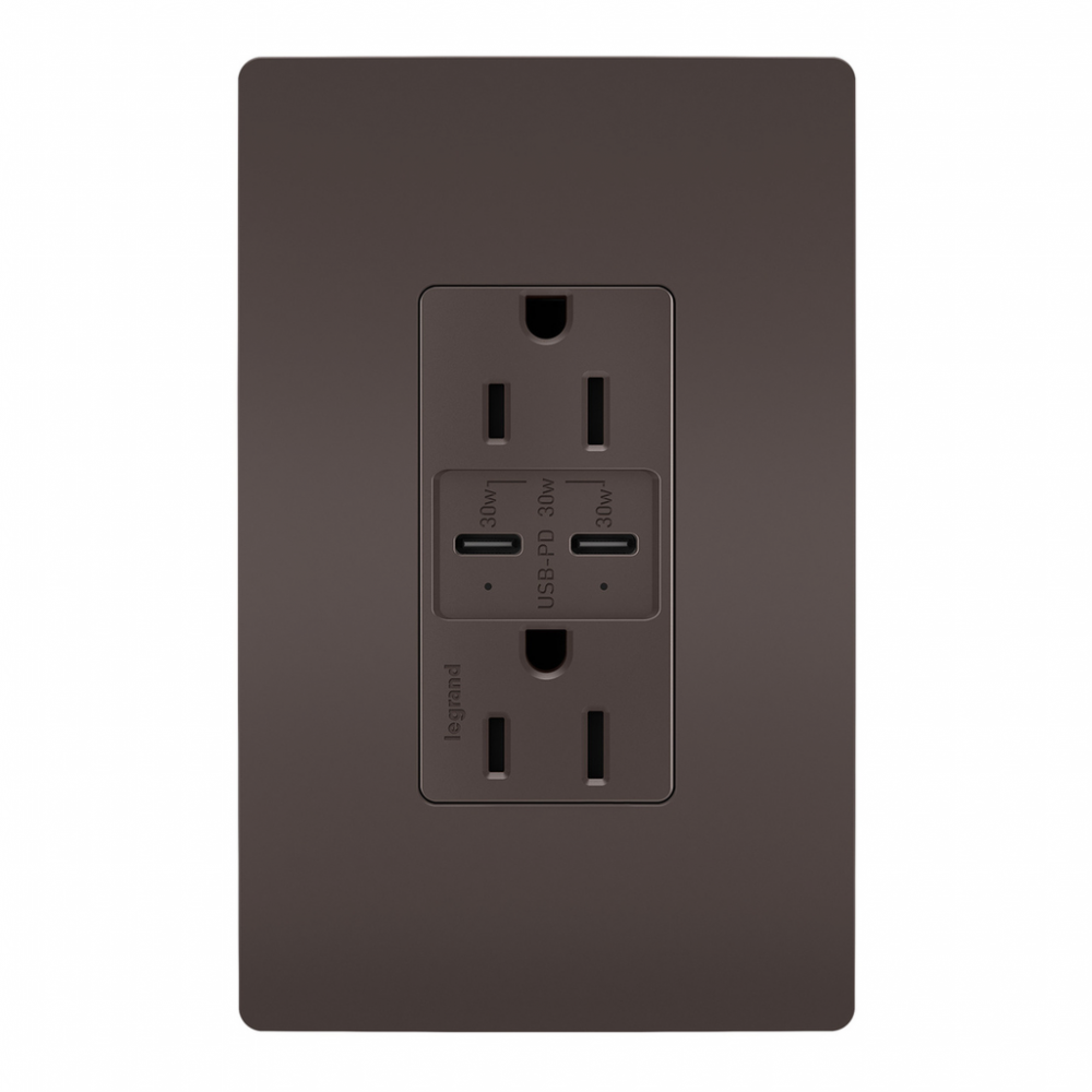 radiant® 15A Tamper Resistant Ultra Fast PLUS Power Delivery USB Type C/C Outlet, Brown