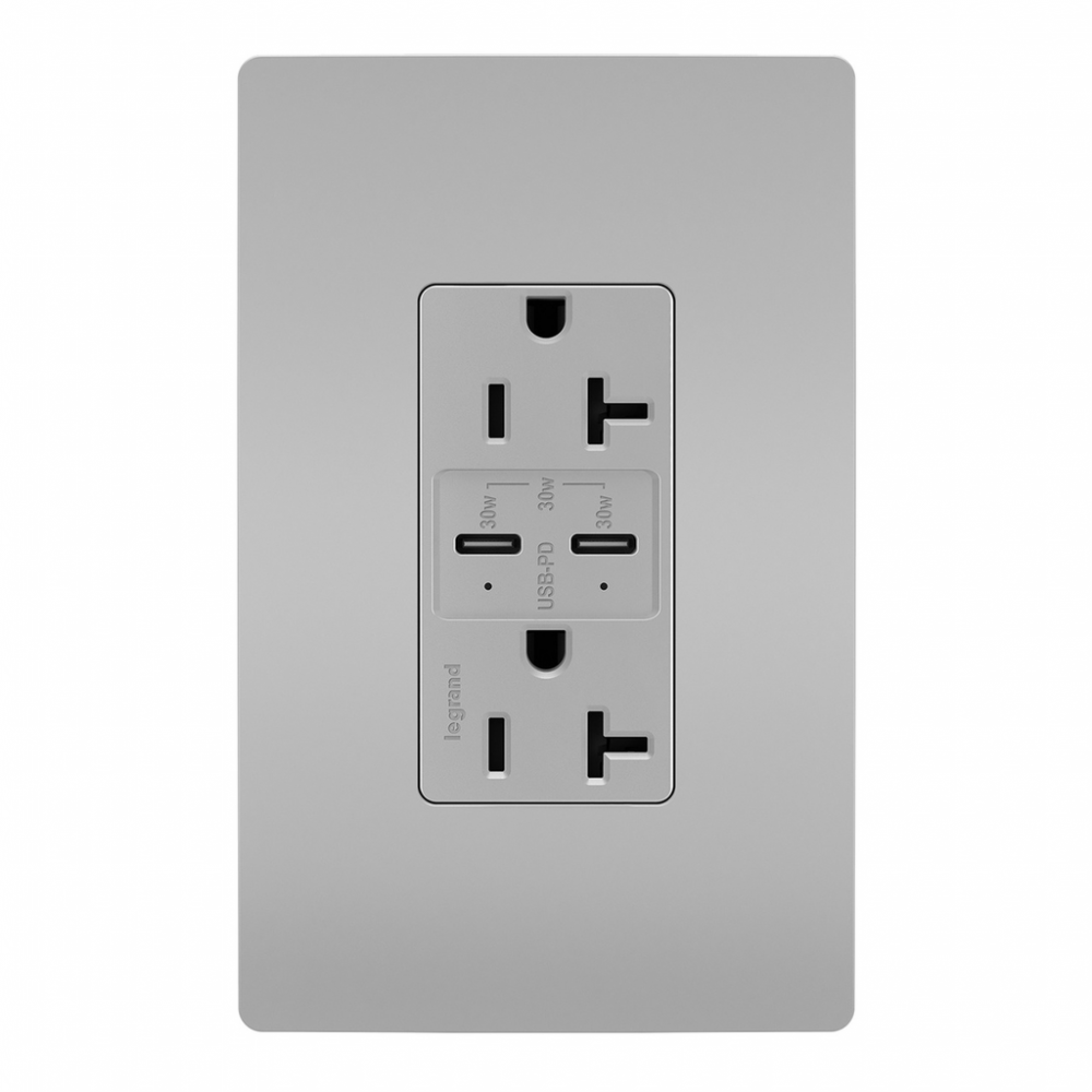 radiant® 20A Tamper Resistant Ultra Fast PLUS Power Delivery USB Type C/C Outlet, Gray