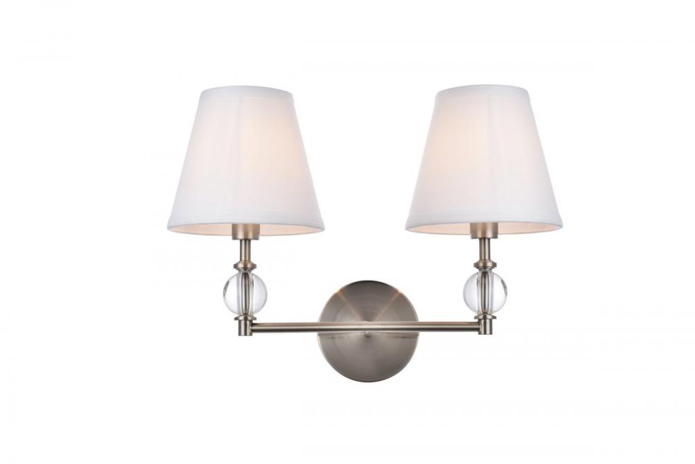 Bethany 2 Lights Bath Sconce in Satin Nickel with White Fabric Shade