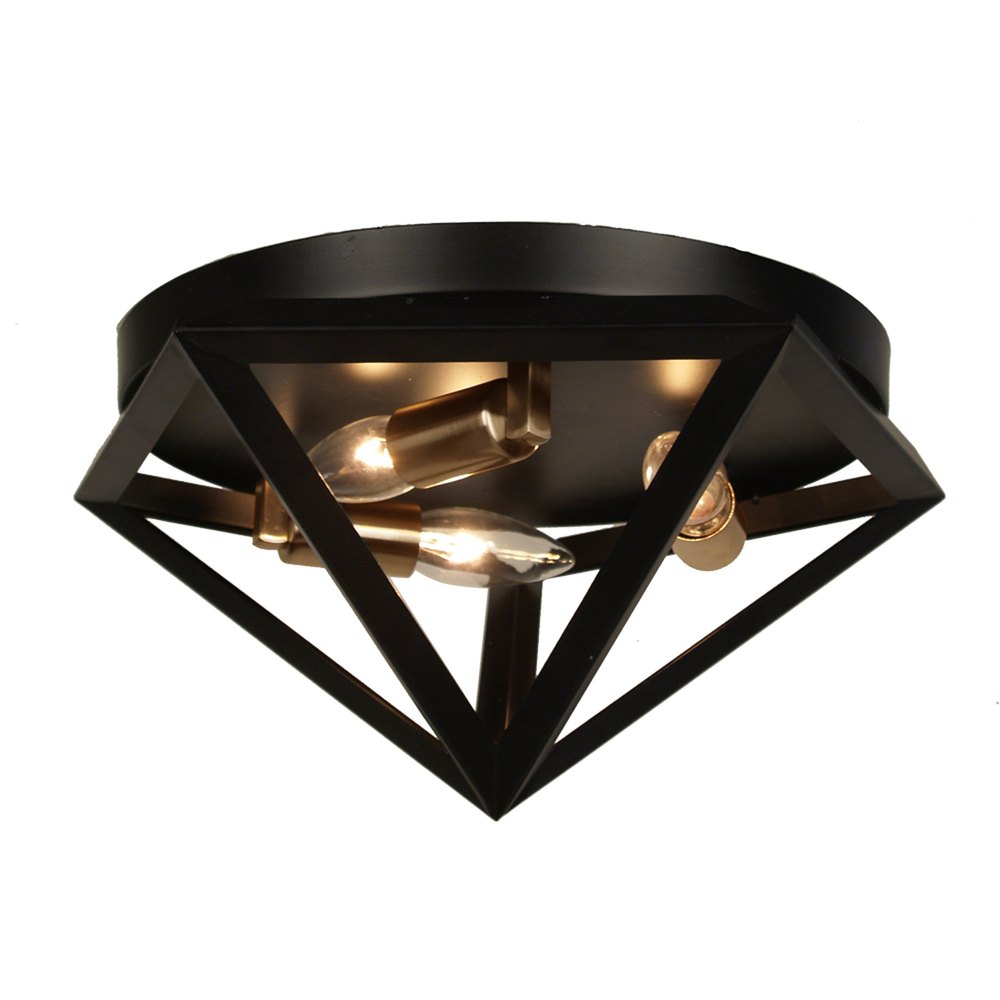 3 Light Flush Mount Fixture, Matte Black with Antique Brass Accents