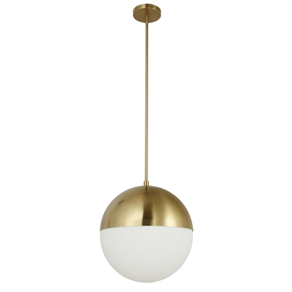 3 Light Halogen Pendant, Aged Brass w/ White Opal Glass