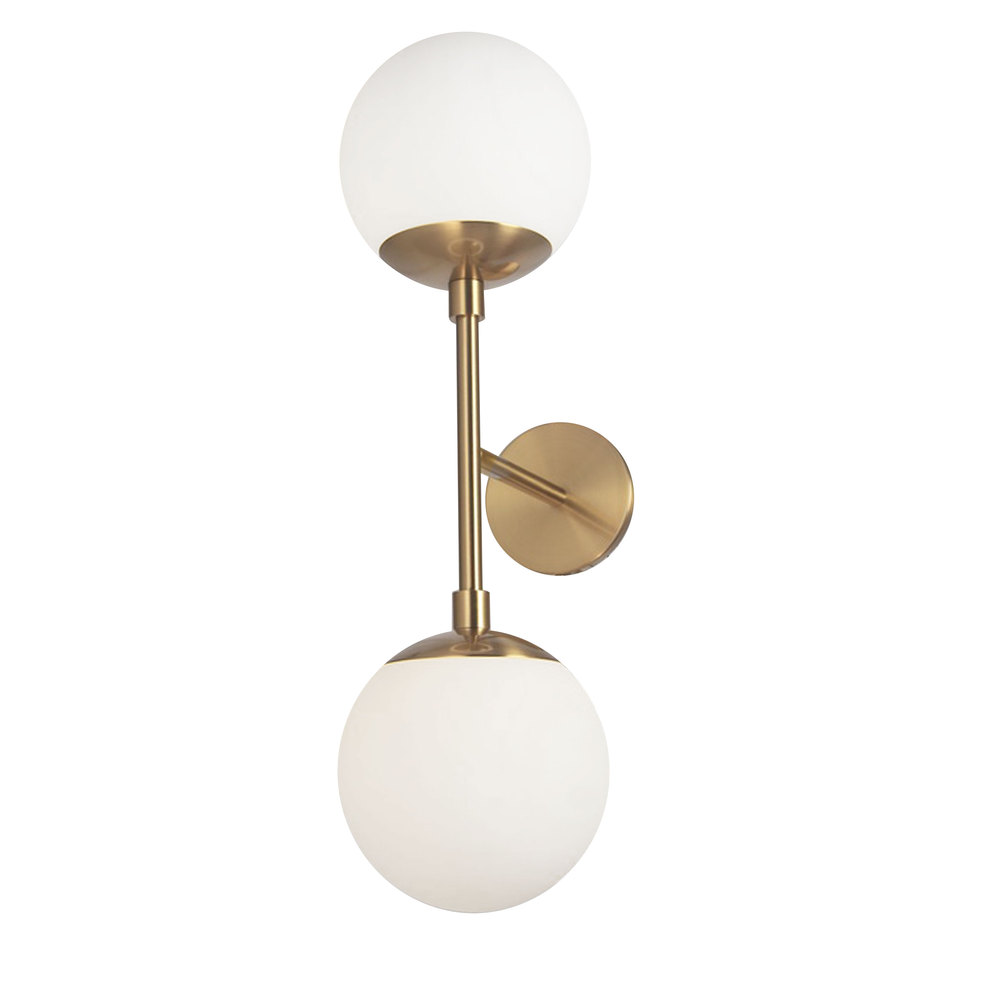 2 Light Halogen Aged Brass Wall Sconce w/ White Glass