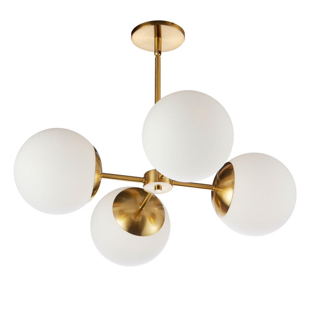 4 Light Halogen Aged Brass Chandelier w/ White Glass