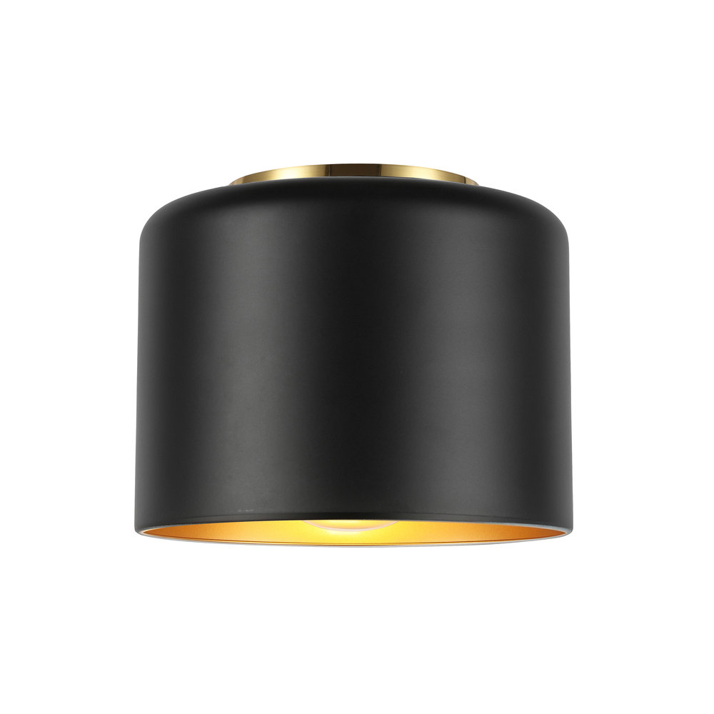 1 Light Incandescent Flush Mount, Aged Brass w/ Matte Black &Gold Shade